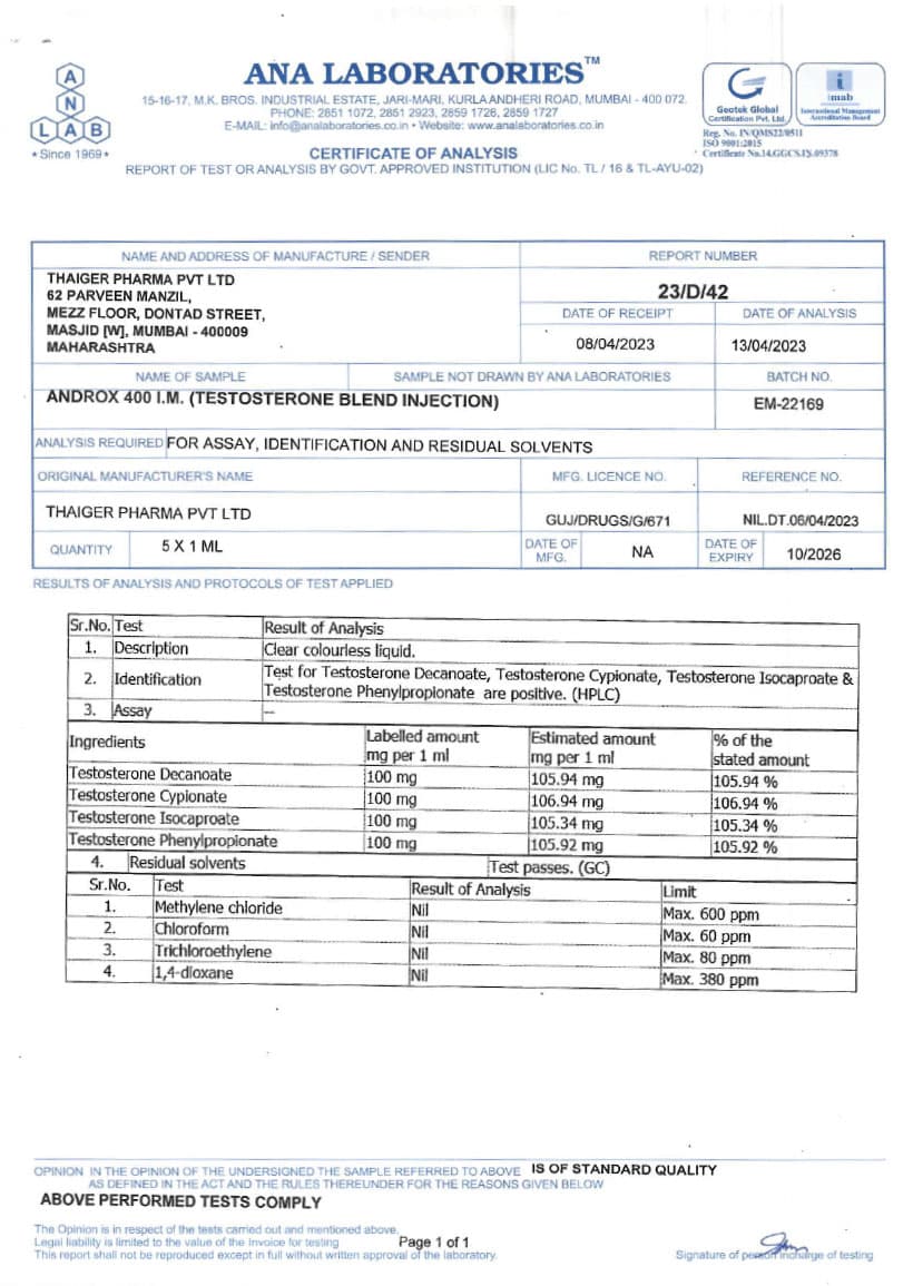Certificate of analysis 1
